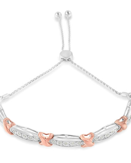 .925 Sterling Silver 1/4 Cttw Round-Cut Diamond X & Tapered Bar Miracle-Set Bolo Bracelet (I-J Color, I3 Clarity) - Two Tone Rose Gold & Silver