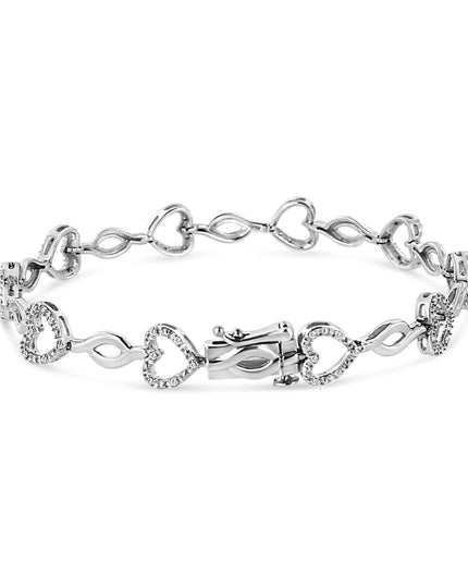 .925 Sterling Silver 1/4 Cttw Round-Cut Diamond Alternating Heart and Leaf Link Bracelet (I-J Color, I3 Clarity) - Size 7.25"