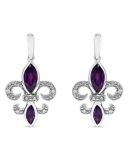 .925 Sterling Silver Marquise Cut Amethyst and Diamond Accent Fleur De Lis Dangle Stud Earrings (H-I Color, SI1-SI2 Clarity)