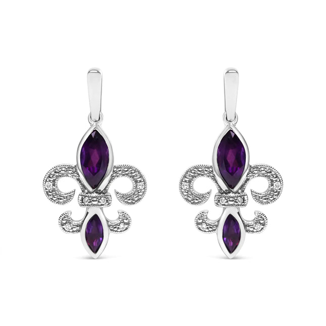 .925 Sterling Silver Marquise Cut Amethyst and Diamond Accent Fleur De Lis Dangle Stud Earrings (H-I Color, SI1-SI2 Clarity)