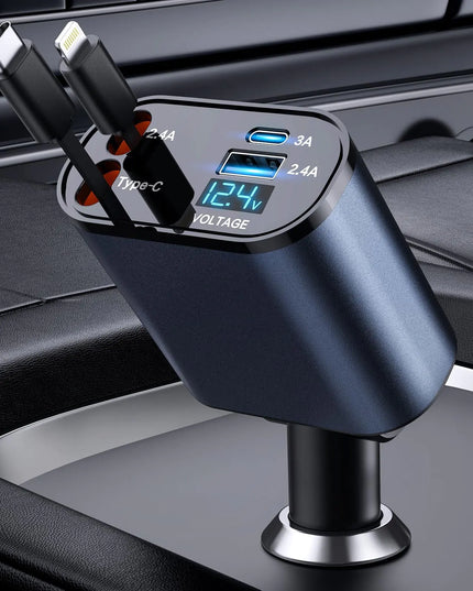 Retractable Car Charger, 4 in 1 Fast Car Phone Charger 66W, Retractable Cables and USB Car Charger,Compatible with iPhone 15/14/13/12/11,Galaxy,Pixel