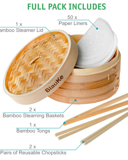 Bamboo Steamer 2-tier 10 Inch With Chopsticks, Tongs, 50 Liners