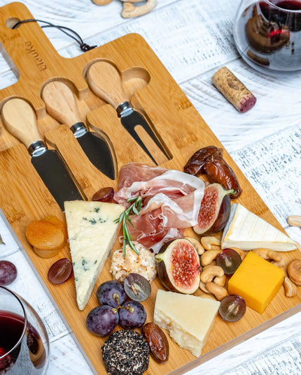 Bamboo Cheese Board Set - 12x8 Inch Charcuterie Tray With Magnetic Cutlery Storage