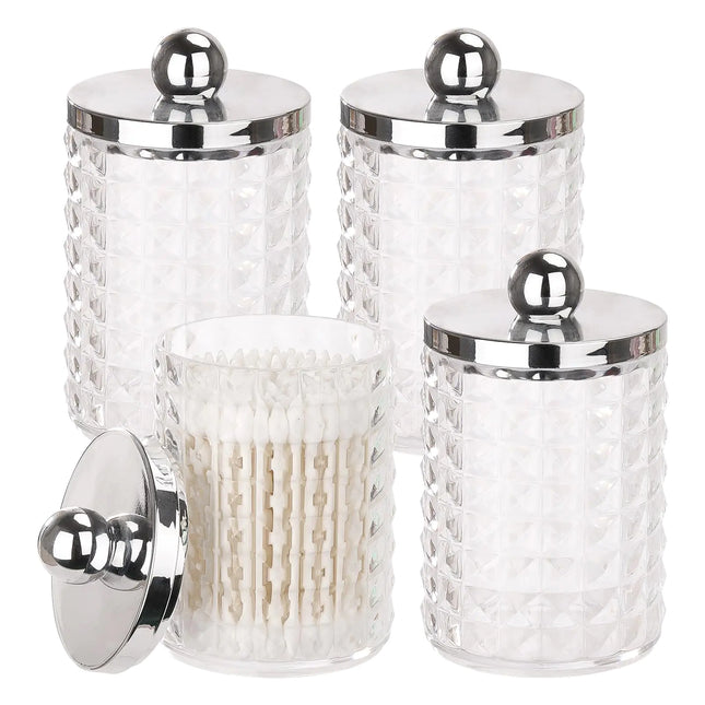 4 Pack Qtip Holder 10 oz Plastic Apothecary Jar Set for Bathroom Canister Storage Organization Bathroom Dispenser for Cotton Ball Cotton Swab Cotton Pads Floss Picks - Sliver Lids