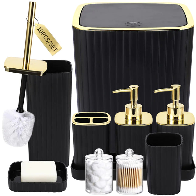 10-Piece Bathroom Accessories Set – Toilet Brush, Trash Can, Q-tip Dispenser & Soap Dispenser