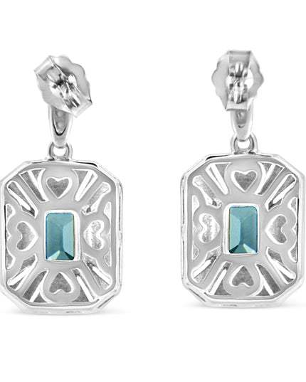 .925 Sterling Silver 7x5MM Emerald Shape Blue Topaz and Diamond Accent Art Deco Halo Style Drop and Dangle Earrings (I-J Color, I1-I2 Clarity)