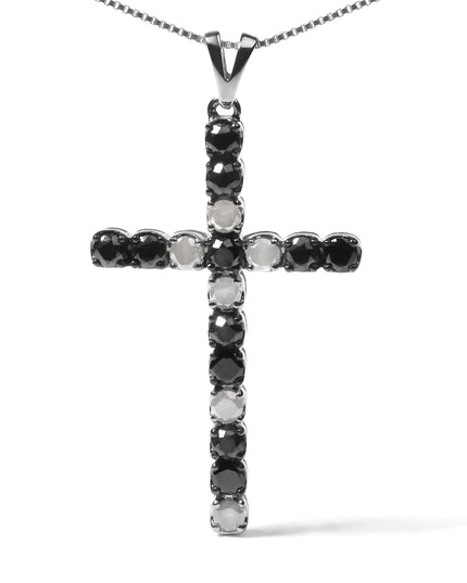 .925 Sterling Silver 2.0 Cttw Prong Set Round Natural Treated Black and White Diamond Cross Pendant Necklace - 18" (Black/H-I Color, I3 Clarity)