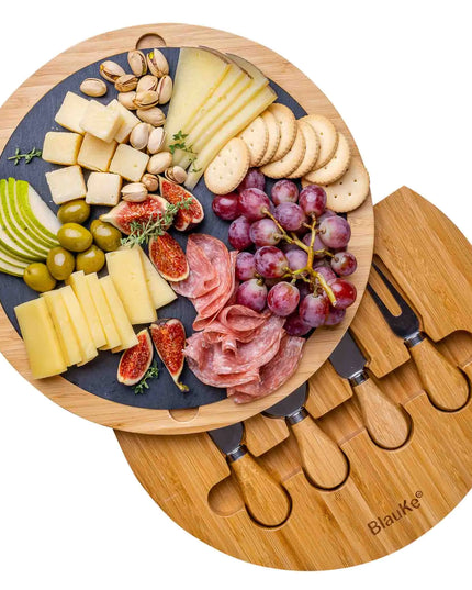 Bamboo Cheese Board With Knife Set & Removable Slate - 12" Swivel Charcuterie Board