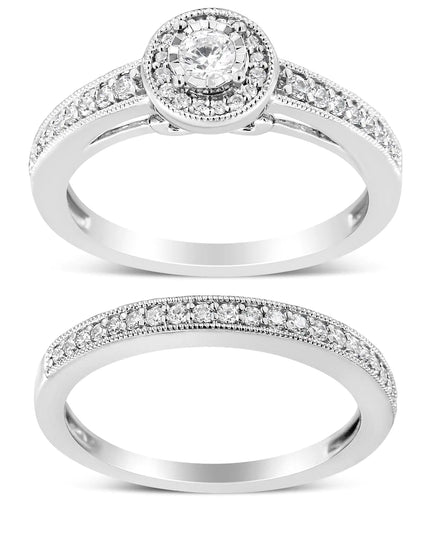 .925 Sterling Silver 1/2 Ctw Diamond Halo and Milgrain Engagement Ring Bridal Set (I-J Color, I3 Clarity)
