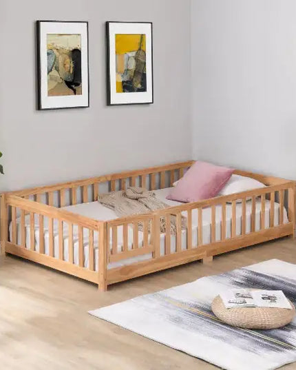 Solid Wood Full Size Platform Bed Frame With Door And Fence, Pine Wood