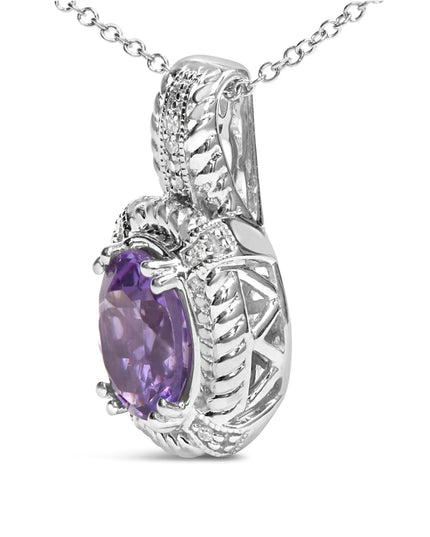 .925 Sterling Silver 9x7mm Oval Purple Amethyst and Round Diamond Accent Fashion Drop Pendant 18 Inch Necklace (I-J Color, I1-I2 Clarity)