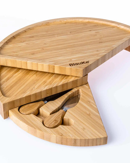 Bamboo Cheese Board Set - 14 Inch Swivel Charcuterie Board With Drawer - Round Serving Tray