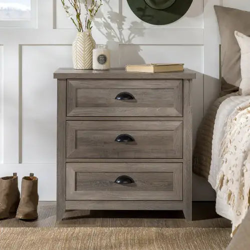 Traditional Farmhouse Framed 3-Drawer Nightstand With Cup Handles - Grey Wash