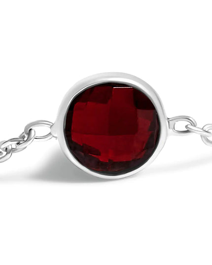 .925 Sterling Silver Checkerboard Cut Red Garnet Bezel Station Necklace - 22" Inches