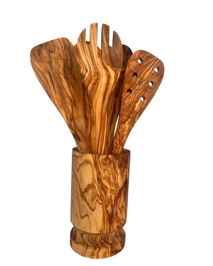 Olive Wood Kitchen Servers Set w/Holder - 6 Pcs