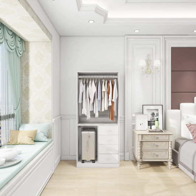 White Wooden Closet System – Standalone Wardrobe with 4 Drawers, Hanging Rod, 31.5"W × 15.7"D × 70.8"H