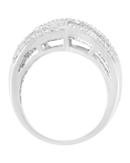 .925 Sterling Silver 1.0 Cttw Channel Set Alternating Round and Baguette Diamond Cross-over Bypass Ring Band (I-J Color, I2-I3 Clarity)