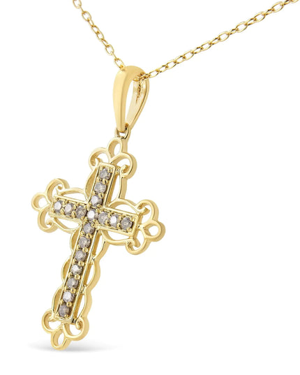 10K Yellow Flashed .925 Sterling Silver 1/4 Cttw Champagne Diamond Filigree Cross Pendant Necklace (K-L Color, I1-I2 Clarity) - 18"