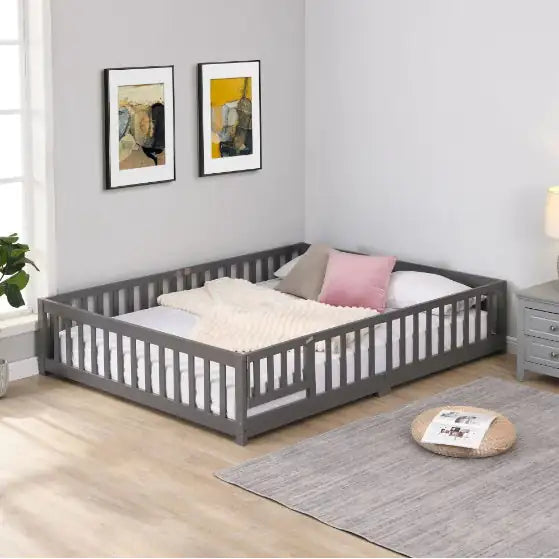 Solid Wood Full Size Platform Bed Frame With Door And Fence, Pine Wood