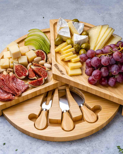 Bamboo Cheese Board Set - 14 Inch Swivel Charcuterie Board With Drawer - Round Serving Tray