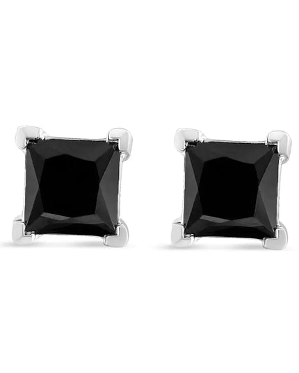 .925 Sterling Silver Princess-Cut Square Black Diamond Classic 4-Prong Stud Earrings with Screw Backs (Fancy Color-Enhanced, I2-I3 Clarity)