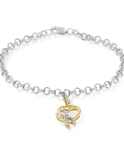 10K Yellow Gold 1/10 Cttw Diamond Awareness Ribbon & Heart Charm on 7" .925 Sterling Silver Rolo Bracelet (H-I Color, I1-I2 Clarity)