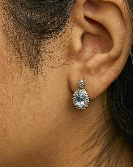 .925 Sterling Silver Diamond Accent and  Oval Blue Topaz with Beaded Halo Drop Stud Earrings (I-J color, I1-I2 Clarity)