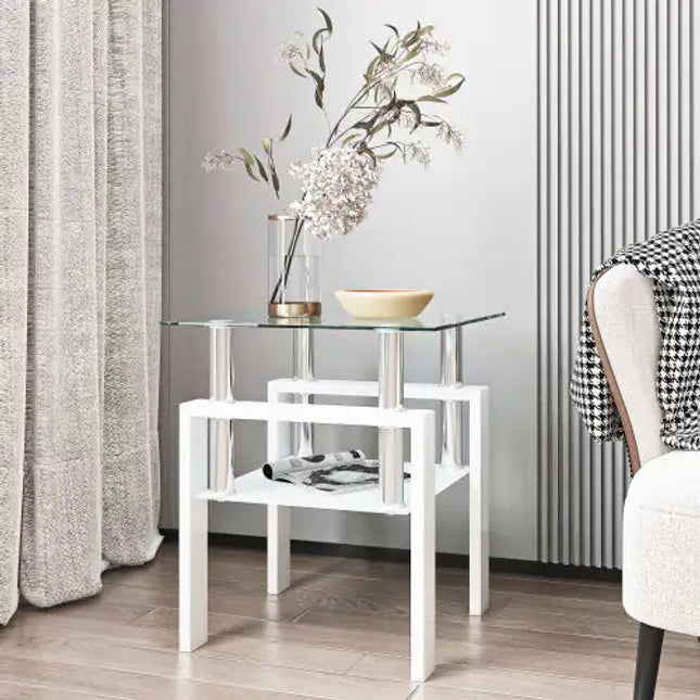 Modern Tempered Glass Coffee Table, Square, Transparent White