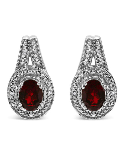 .925 Sterling Silver Diamond Accent and 8x6mm Red Oval Garnet Stud Earrings (I-J Color, I1-I2 Clarity)