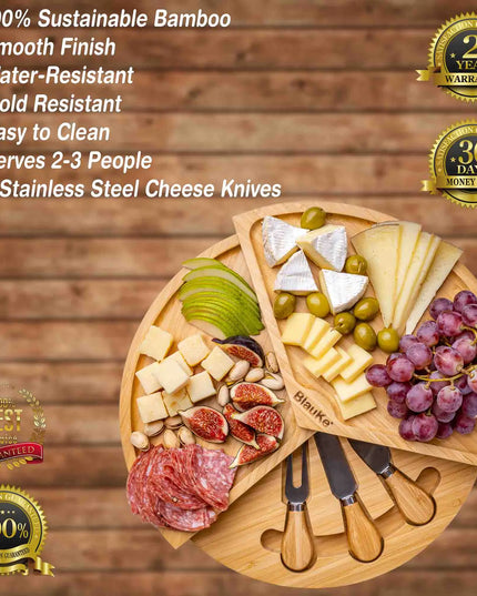 Bamboo Cheese Board Set - 14 Inch Swivel Charcuterie Board With Drawer - Round Serving Tray