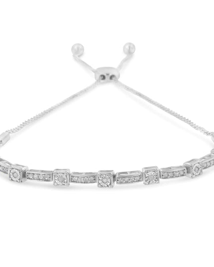 .925 Sterling Silver 1/4 Cttw Diamond 4”-10” Adjustable Bolo Alternating Square and Rectangle Bolo Bracelet (I-J Color, I3 Clarity)