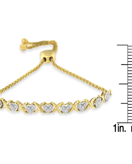 10K Yellow Gold over .925 Sterling Silver 1/10 Cttw Diamond Heart and X-Link 6”-9” Adjustable Bolo Bracelet (H-I Color, I2-I3 Clarity)