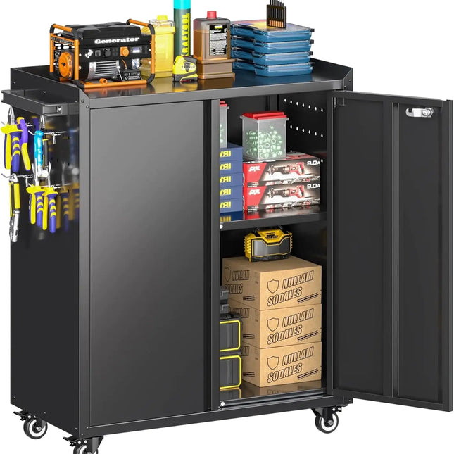 Black Metal Rolling Storage Cabinet With Wheels, Pegboard, Hooks, Adjustable Shelves - Assembly