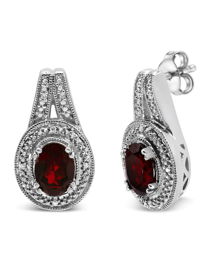 .925 Sterling Silver Diamond Accent and 8x6mm Red Oval Garnet Stud Earrings (I-J Color, I1-I2 Clarity)