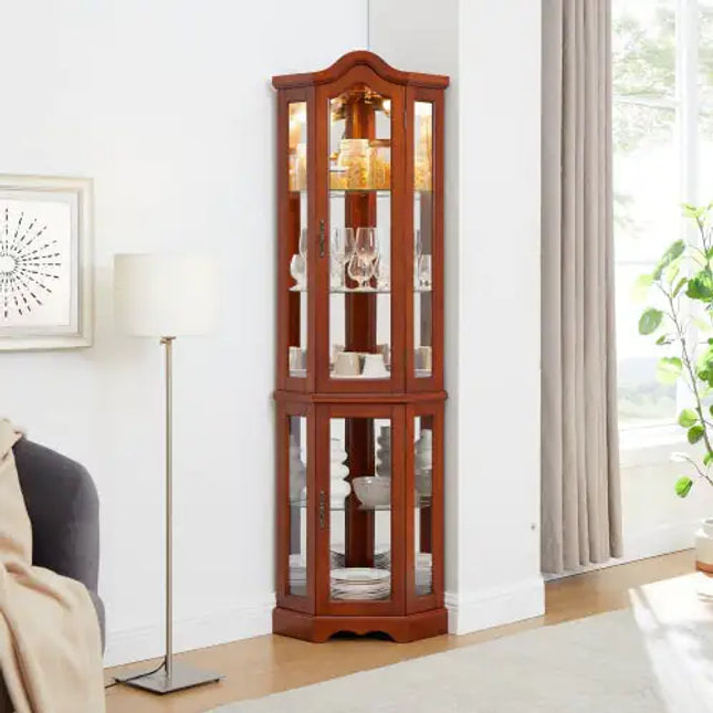 Corner Curio Cabinet, Lights, Adjustable Glass Shelves, Mirrored Back