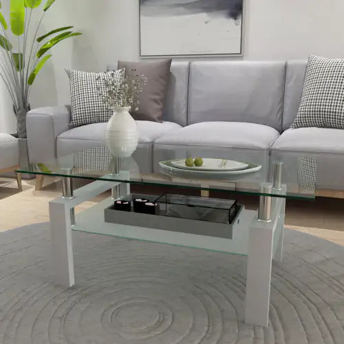 Sleek Modern White Coffee Table with Clear Glass Top – Stylish Center & Side Table for Living Room Furniture