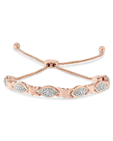 .925 Sterling Silver Diamond Accent Alternating Marquise Shape and Heart Links Bolo Bracelet (I-J Color, I3 Clarity) - Adjustable 6" to 9"