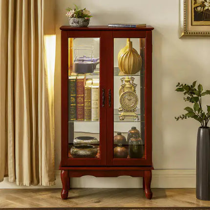 Lighted Curio Cabinet With Adjustable Shelves, Mirrored Back, Tempered Glass Doors