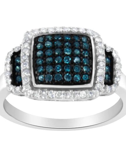 Black Rhodium Plated .925 Sterling Silver 1/2 Cttw White & Blue Diamond Square Halo Cocktail Ring (Fancy Blue & H-I Color, I2-I3 Clarity)