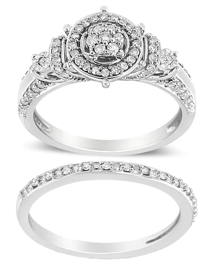 .925 Sterling Silver 1/3 Cttw Diamond 7 Stone Cluster and Halo Engagement Ring and Wedding Band Set (I-J Color, I1-I2 Clarity)