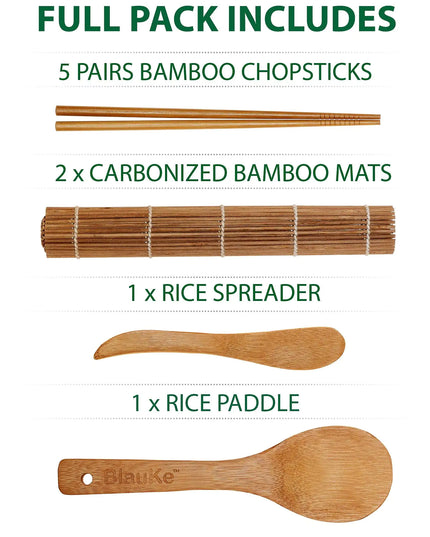 Bamboo Sushi Kit: 2 Mats, 5 Pairs Chopsticks, Rice Paddle, Spreader