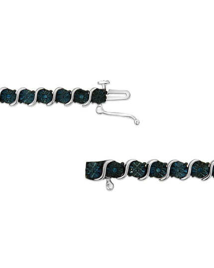 .925 Sterling Silver 1/10 Cttw Miracle-Set Treated Blue Color Diamond Miracle Plate "S" Link Tennis Bracelet (Blue Color, I2- I3 Clarity) - 7.25"