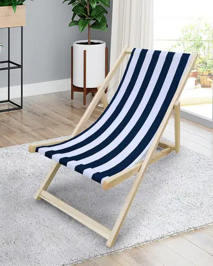 Wood Sling Chair Blue Stripe Folding Chaise Lounge