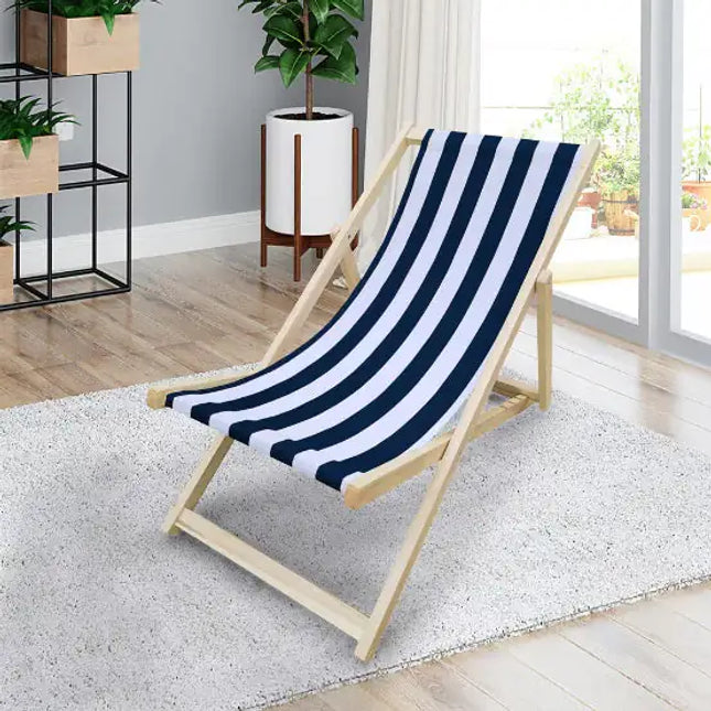 Wood Sling Chair Blue Stripe Folding Chaise Lounge