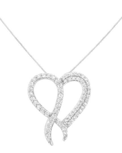 .925 Sterling Silver 1 cttw Diamond Heart and Ribbon 18" Pendant Necklace (I-J Clarity, I2-I3 Color) - 18"