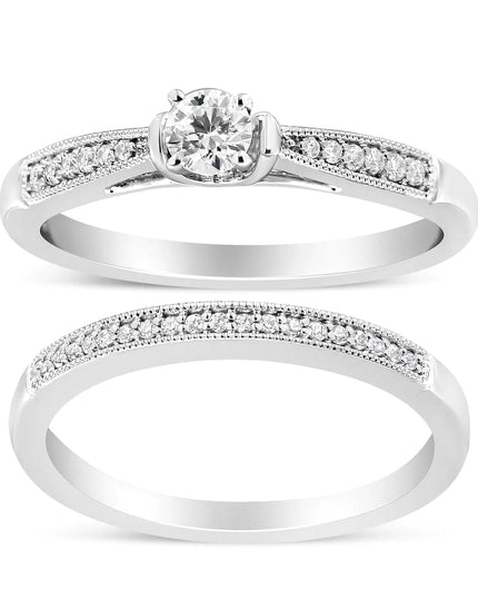.925 Sterling Silver 1/3 Cttw Diamond Classic Engagement Ring Bridal Set with Milgrain (I-J Color, I3 Clarity)