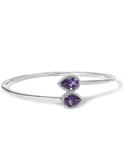 .925 Sterling Silver 8 x 5.5mm Pear Shape Amethyst  and Diamond Accent Halo Bypass Bangle Bracelet (H-I Color, SI1-SI2 Clarity)  - Fits up to 7" Inches