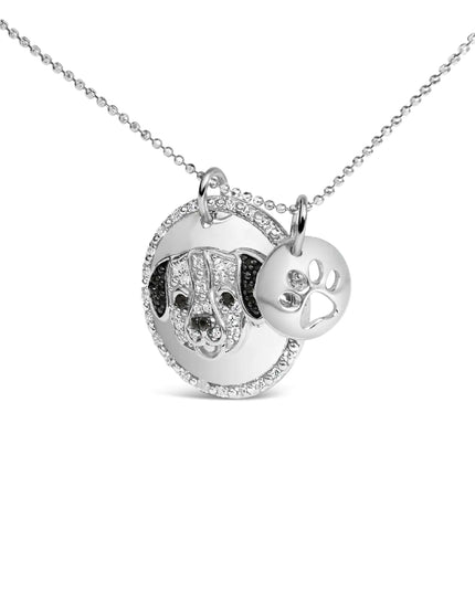 .925 Sterling Silver 1/4 Cttw White and Black Diamond Pitbull Dog Medallion and Charm 18" Pendant Necklace (I-J Color, I2-I3 Clarity)