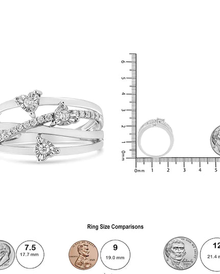 .925 Sterling Silver 1/5 Cttw Miracle-Set Diamond Heart Cross-Over Bypass Ring (I-J Color, I2-I3 Clarity)
