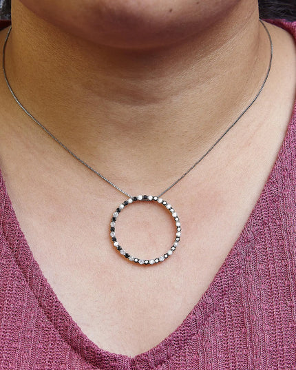 .925 Sterling Silver 2.0 Cttw Alternating Black and White Diamond Open Hoop Circle Pendant Necklace (H-I Color, I2-I3 Clarity) - 18" Inches